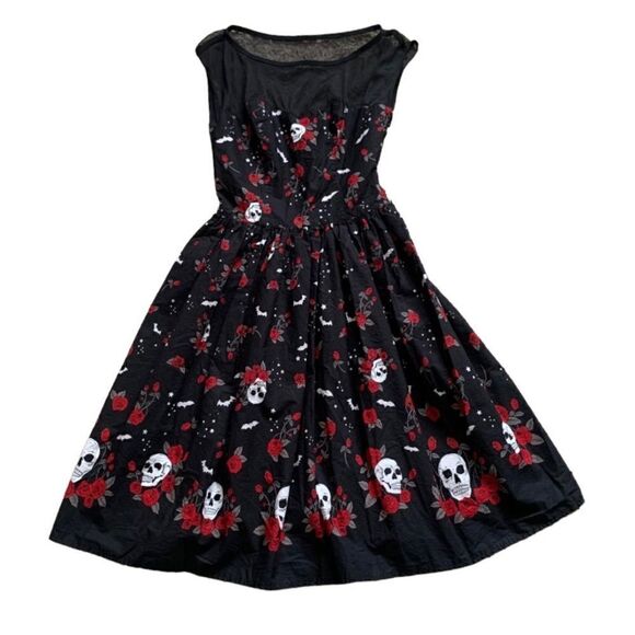 Hell Bunny Aconite Rockabilly Skull & Roses Midi Swing Dress Size XS - Picture 1 of 14